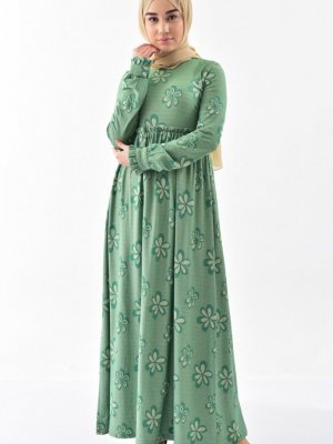 Sefamerve Yeşil Desenli Fırfırlı Elbise