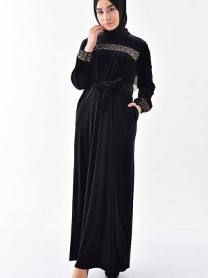 Sefamerve Siyah Büzgülü Kuşaklı Kadife Elbise