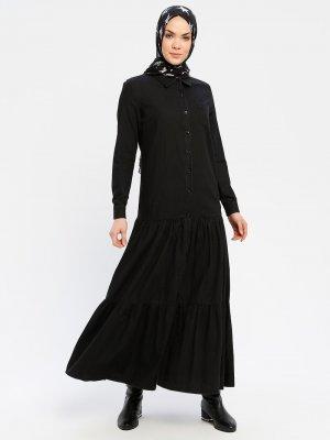 Neways Siyah Boydan Düğmeli Kot Elbise