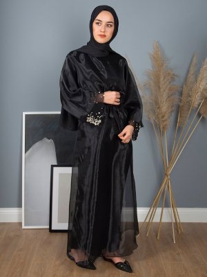 Liolle Siyah Kol Ucu İncili Taşlı Elbise