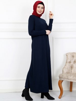 Night Blue Collection Lacivert Likralı Sade Elbise