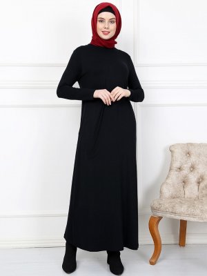 Night Blue Collection Siyah Likralı Sade Elbise