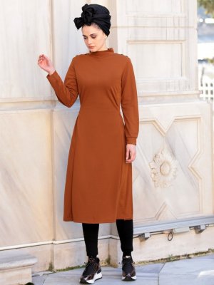 Selma Sarı Design Hardal Düğme Detaylı Uzun Tunik