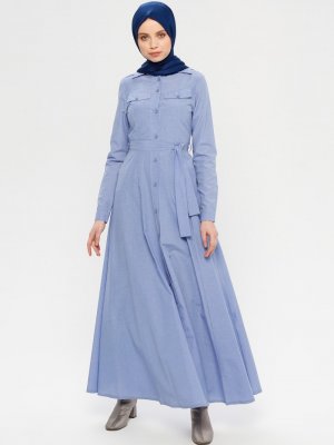 Jamila Mavi Boydan Düğmeli Elbise