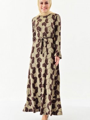Sefamerve Kahverengi Şal Desenli Elbise