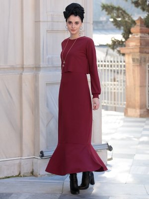 Selma Sarı Design Bordo Kolyeli Viole Elbise