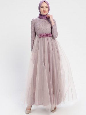Sew&Design Lila Tül Detaylı Payetli Abiye Elbise