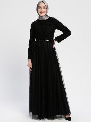 Sew&Design Siyah Tül Detaylı Abiye Elbise