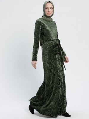 MissGlamour Yeşil Kadife Elbise
