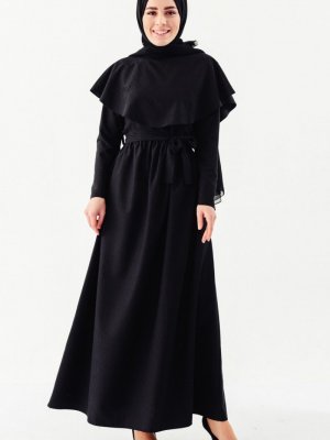 Sefamerve Siyah Allerli Kuşaklı Elbise