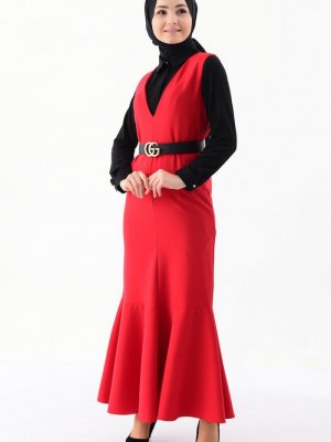 Sefamerve Kırmızı Fırfırlı Jile Elbise