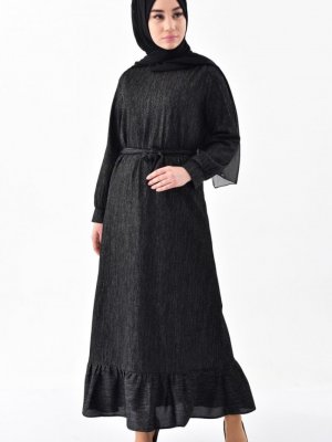 Sefamerve Siyah Fırfırlı Simli Elbise