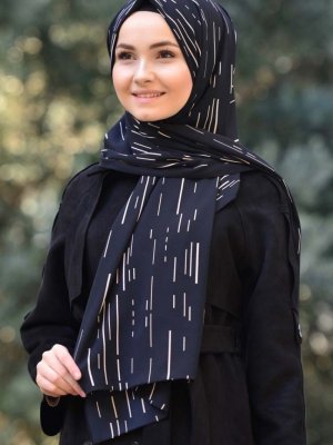 Sefamerve Siyah Çapraz Bone Hediyeli Desenli Krep Şal
