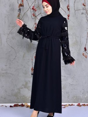 Sefamerve Siyah Payet Püsküllü Elbise