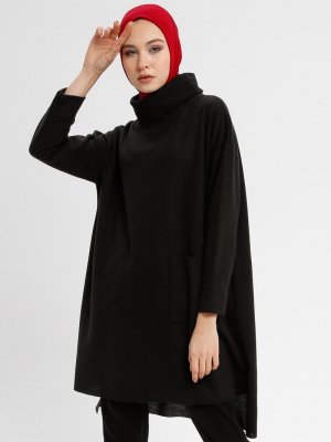 Çat Pat Tekstil Siyah Cep Detaylı Boğazlı Yaka Tunik