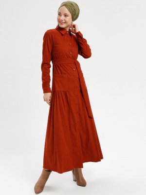 Loreen By Puane Kiremit Boydan Düğmeli Cep Detaylı Elbise