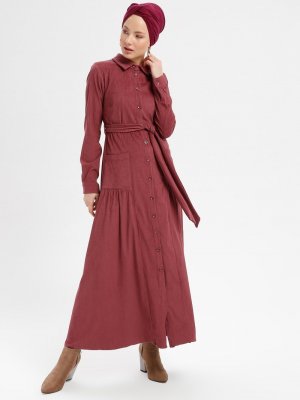 Loreen By Puane Mürdüm Boydan Düğmeli Cep Detaylı Elbise