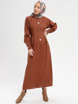Loreen By Puane Kahverengi Düğme Detaylı Elbise