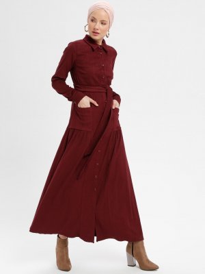 Loreen By Puane Bordo Boydan Düğmeli Cep Detaylı Elbise