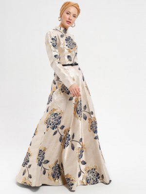 Loreen By Puane Lacivert Jakarlı Abiye Elbise
