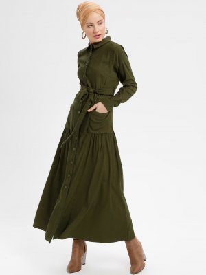 Loreen By Puane Haki Boydan Düğmeli Cep Detaylı Elbise