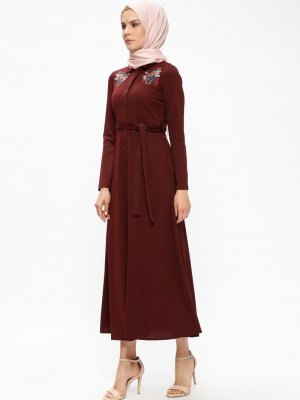 Laruj Bordo Nakışlı Boydan Düğmeli Elbise