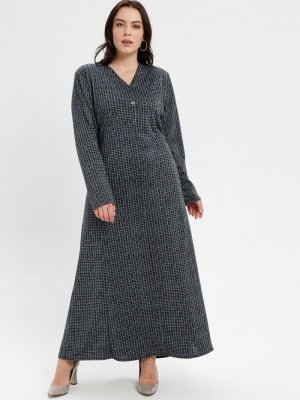 ECESUN Lacivert V Yakalı Elbise
