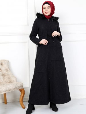 Night Blue Collection Siyah Pile Detaylı Kaşe Kaban