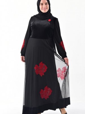 Sefamerve Siyah Kırmızı Büyük Beden Taş Baskılı Kadife Elbise