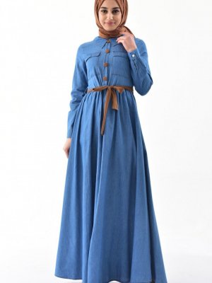 Sefamerve Kot Mavi Düğme Detaylı Kot Elbise