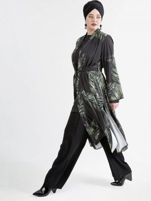 Nesrin Emniyetli Siyah Yeşil Kimono 3'lü Takım