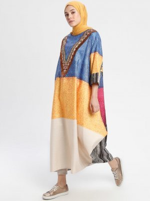 Ajal Karışık Renkli Etnik Desenli Salaş Elbise