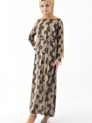 Sefamerve Kahverengi Desenli Kuşaklı Elbise