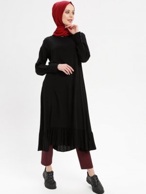 Beha Tesettür Siyah Eteği Fırfırlı Elbise Tunik