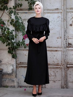 Selma Sarı Design Siyah Fırfır Dantel Detaylı Elbise