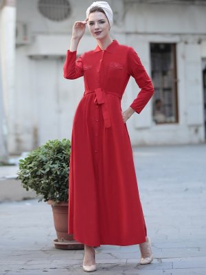Selma Sarı Design Kırmızı Cepli Spor Elbise