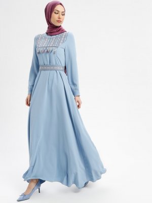 Nihan Mavi Nakış Detaylı Elbise