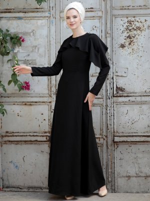 Selma Sarı Design Siyah Omuz Fırfır Detaylı Elbise