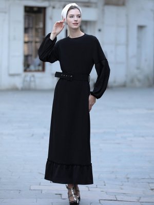 Selma Sarı Design Siyah Kemerli Mira Elbise
