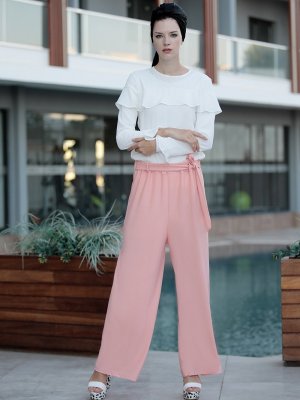 Selma Sarı Design Pudra Beli Lastikli Basic Pantolon