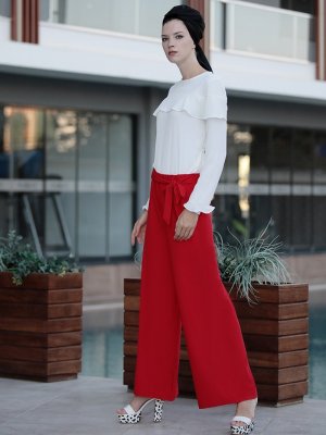 Selma Sarı Design Kırmızı Beli Lastikli Basic Pantolon