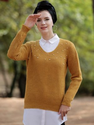 Selma Sarı Design Hardal Boncuklu İp Detaylı Triko Bluz