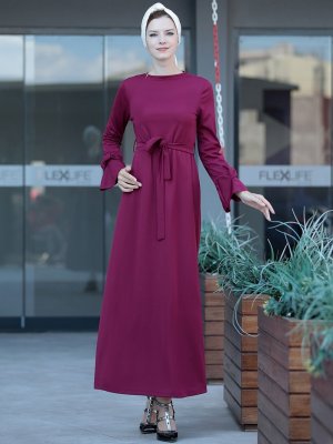Selma Sarı Design Mürdüm Rahat Kesim Kolu Fiyonklu Elbise