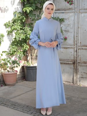 Selma Sarı Design Mavi Kolu Büzgülü Elbise