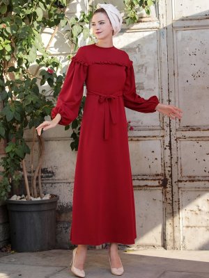 Selma Sarı Design Kırmızı Rahat Kumaş Fırfırlı Elbise