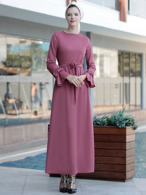 Selma Sarı Design Koyu Pudra Rahat Kesim Kolu Fiyonklu Elbise