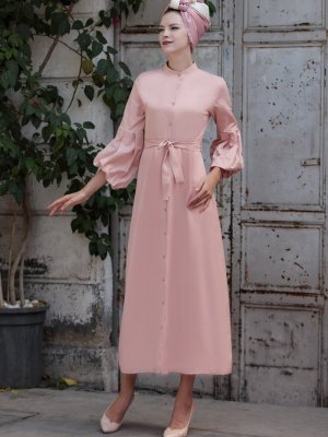 Selma Sarı Design Pudra Balon Kol Gömlek Elbise