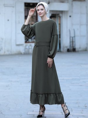 Selma Sarı Design Haki Kemerli Mira Elbise