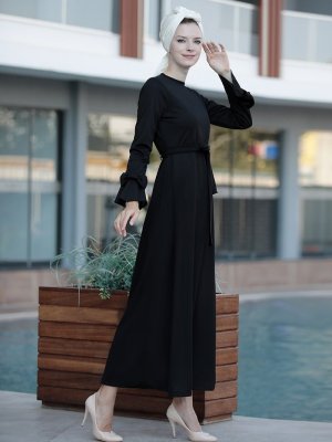 Selma Sarı Design Siyah Rahat Kesim Kolu Fiyonklu Elbise