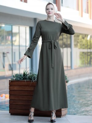 Selma Sarı Design Haki Rahat Kesim Kolu Fiyonklu Elbise